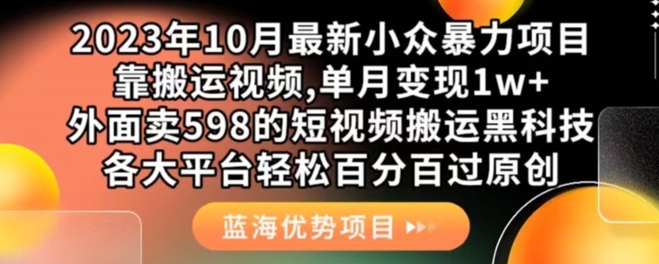 （第期）2023年10月最新小众暴力项目，靠搬运视频,单月变现1w+，外面卖598的短视频搬运黑科技，各大平台轻松百分百过原创