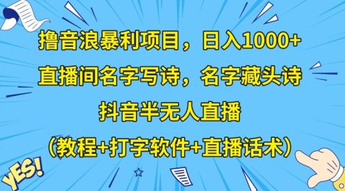 （第4935期）撸音浪暴利项目，日入1000+，直播间名字写诗，名字藏头诗，抖音半无人直播（教程+打字软件+直播话术）