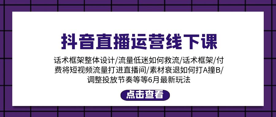 （第9589期）抖音直播运营线下课：话术框架/付费流量直播间/素材A撞B/等6月新玩法