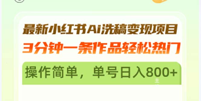 （第12897期）最新小红书Ai洗稿变现项目 3分钟一条作品轻松热门 操作简单，单号日入800+