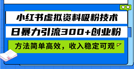 （第13256期）小红书虚拟资料吸粉技术，日暴力引流300+创业粉，方法简单高效，收入稳…