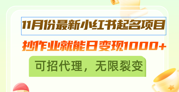 （第13053期）11月份最新小红书起名项目，抄作业就能日变现1000+，可招代理，无限裂变